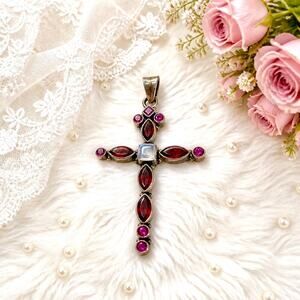 Nicky Butler Sterling Silver Garnet Rhodolite & Moonstone Cross Pendant 2.5” 925